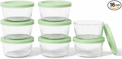 16-Piece Glass Food Storage Containers Set (8 Containers + 8 BPA-Free Lids) | 1-Cup, Leakproof | Microwave, Freezer, Oven & Dishwasher Safe | Ideal for Meal Prep & Pantry Organization, Pistachio