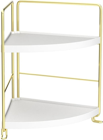 FSyueyun 2-Tier Corner Bathroom Counter Organizer, Tool-Less Installation Vanity Shelf Small Plastics Countertop Makeup Tray Skincare Perfume Organizers (Gold)