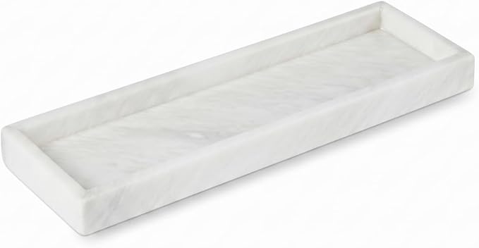 Bey-Berk Atticus Marble Bath Tray (White), 14.25" x 3.75" x 4", Genuine Stone Vanity Organizer
