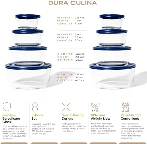 16-Piece Glass Food Storage Containers Set (8 Containers + 8 Lids) | Round, Nesting, Microwave & Dishwasher Safe | BPA-Free, Space-Saving | Blue Lids for Pantry & Kitchen Organization, Blue