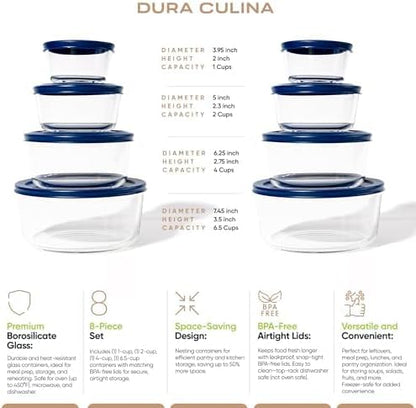16-Piece Glass Food Storage Containers Set (8 Containers + 8 Lids) | Round, Nesting, Microwave & Dishwasher Safe | BPA-Free, Space-Saving | Blue Lids for Pantry & Kitchen Organization, Blue