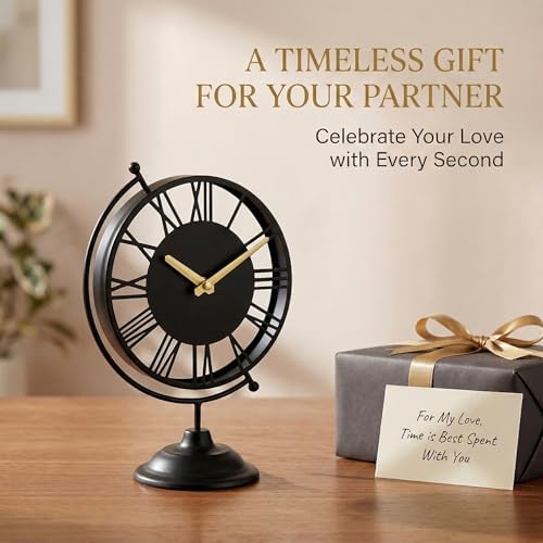 Vintage Black Globe Desk Clock - Silent Non-Ticking 10.8" Table Clock with Roman Numerals - Battery Operated Decorative Metal Shelf Clock for Living Room, Bedroom, Office, Mantel Decor - Image 4