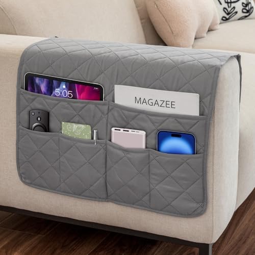 Remote Control Holder for Recliner Non-Slip Armchair Caddy Couch Armrest Organizer, Arm Chair Bedside Caddy Storage Organizer for Recliner Couch With 6 Pockets for Magazine, Tablet, Phone, iPad (Grey) by DECKALY