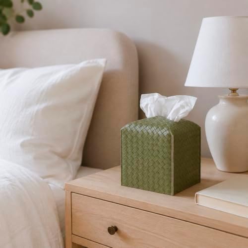 Tissue Box Cover Square Leather Facial Paper Holder, Olive Green - Image 3
