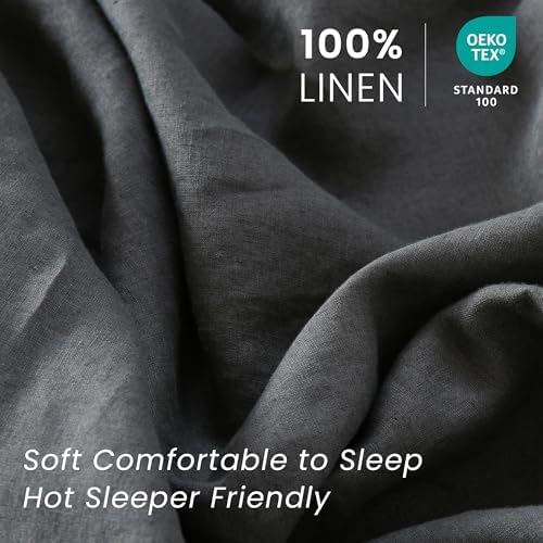 100% French Linen Pillowcases with Embroidery - Pack of 2 - Washed Solid Color Natural Flax Soft Breathable - Dark Grey, 20'' x 30'' - Image 2
