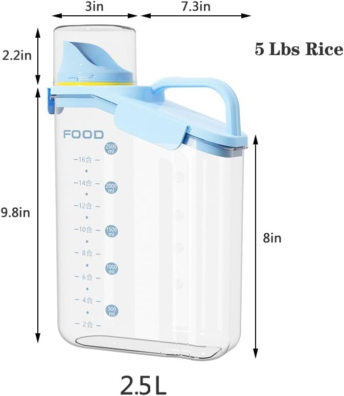 Total 2 items Cereal Containers Storage,Each2.5L Airtight Large Dry Food Storage .1 Blue 1 White.with Measuring Cup，BPA Free Plastic Dispenser，Suitable for Storing Grains Flour and Various Foods.