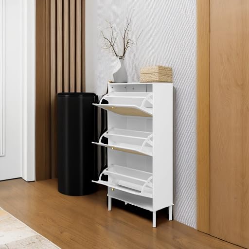 ZeHuoGe Rattan Shoe Cabinet with 3 Flip Drawers, White Narrow Shoe Rack Storage Cabinet with Metal Legs for Heels, Slippers, Entrance Hallway Entryway (White)