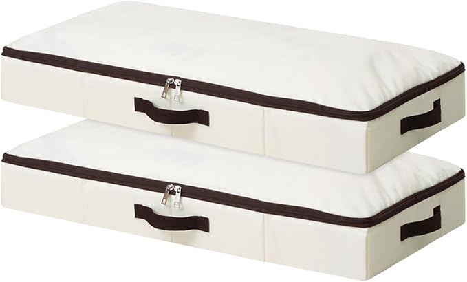 AMJ 2-Pack 4” Height Under-Bed Storage Baskets | Foldable Fabric Drawers for Clothes, Shoes, and Bedding, Beige