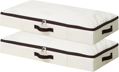 AMJ 2-Pack 4” Height Under-Bed Storage Baskets | Foldable Fabric Drawers for Clothes, Shoes, and Bedding, Beige
