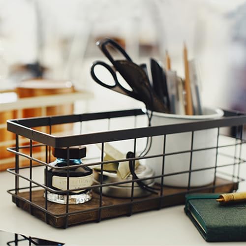 TIEYIPIN Farmhouse Small Metal Wire Storage Basket Bin, Rustic Home Storage Organizer with Wooden Bottom for Kitchen, Cabinets, Bathroom Counter, Pantry, Garage, Laundry Room - Black - Image 7