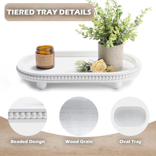 Wooden Decorative Tray for Coffe Table, Beaded White Oval Tray Home Decor - Image 2