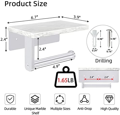Gypie Toilet Paper Holder with Marble Shelf, Wall Mounted Brushed Nickel - Image 3