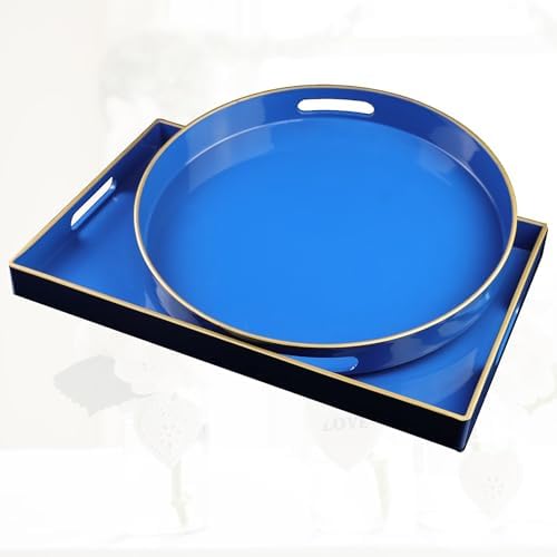 Blue Decorative Coffee Table Tray, Rectangular Plastic Serving Tray with Handles for Living Room, Ottoman, Bathroom, 15.7"*10.2" - Image 4