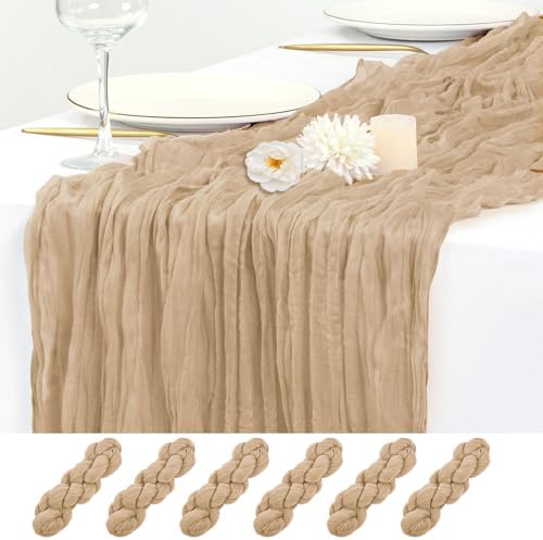 6 Pack Beige Cheesecloth Table Runner 17x108 Inch Boho Gauze Cheese Cloth Fabric Table Runners Semi Sheer Rustic Table Decor for Wedding Party Bridal Baby Shower Birthday Holiday Home Decor by Flowgrace