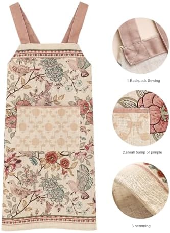 patdrea Blue Floral Linen Apron with Pocket,French Kitchen Garden Chef BBQ Aprons for Women and Men,Crisscross Back Straps - Image 4