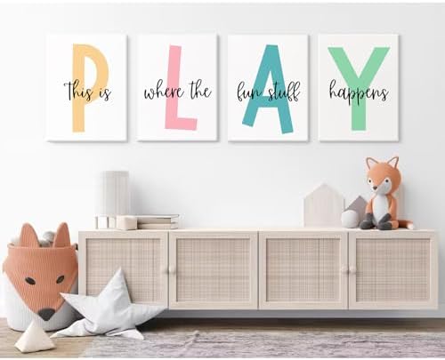 Baccone Kids Playroom Wall Art Playroom Wall Decor Kids Play Canvas Wall Art Play Sign Pictures Toddler Playroom Art Prints Nursery Children Artwork for Room Bedroom Set of 4 8x10 Inch Ready to Hang - Image 3