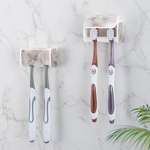2 PCS Toothbrush Holders Wall Mounted with Cover (2, White Marble) by PARKMANI
