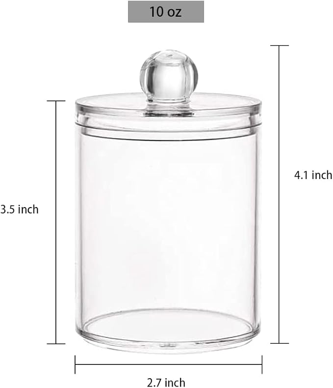 DAPOWER 3 Pack Qtip Holder Storage Canister for Cotton Ball, Cotton Swab, Pads, Floss; 10-Ounce Clear Plastic Apothecary Jar with Lid, Bathroom Makeup Organizer (3)