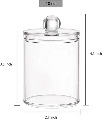 DAPOWER 3 Pack Qtip Holder Storage Canister for Cotton Ball, Cotton Swab, Pads, Floss; 10-Ounce Clear Plastic Apothecary Jar with Lid, Bathroom Makeup Organizer (3)