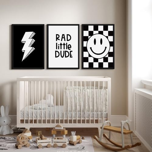 Boys Room Wall Art Decor Toddler Nursery Canvas Wall Art Baby Kids Wall Decor Black Checkered Smiley Poster Pictures Retro Playroom Rad Little Dud Art Prints for Bedroom 12x16x3 Inch Wood Framed - Image 4