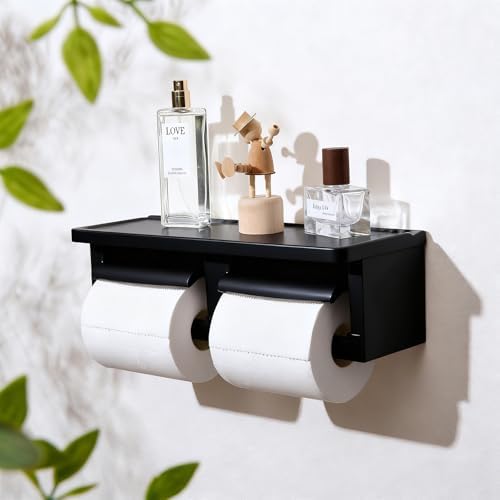 Matte Black Double Toilet Paper Holder with Shelf - Toilet Paper Cutting Function, Toilet Paper Holder Wall Mounted for Bathroom Washroom - Image 2