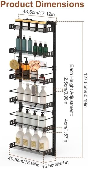 6-Tier Over the Door Organizer, Heavy Duty Metal Pantry Door Rack, Hanging Storage Shelf for Kitchen, Over The Door Spice Rack & Pantry Organizer, 6-Shelf Metal Hanging Storage (Black)