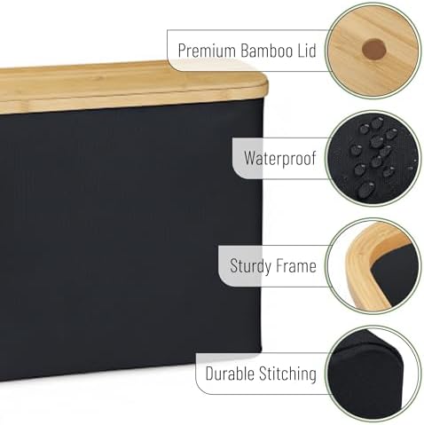 BAMBOO LAND- Toilet Paper Storage with Bamboo Lid for 12 Rolls, Black, Waterproof Bamboo Toilet Paper Holder Basket - Image 3