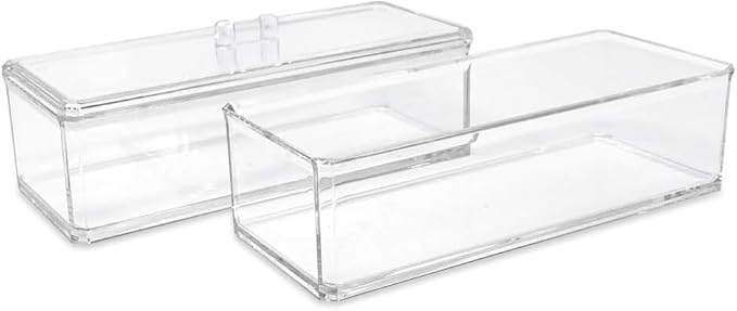 Acrylic Makeup Organizer Cosmetic Storage Display Case Makeup Brush Cotton Ball Pads Swab Q-tip Holder Lipstick Dispenser Canister Bathroom Container (9.2x3.7x5.1in, 2 Tiers, Clear)