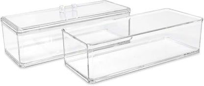 Acrylic Makeup Organizer Cosmetic Storage Display Case Makeup Brush Cotton Ball Pads Swab Q-tip Holder Lipstick Dispenser Canister Bathroom Container (9.2x3.7x5.1in, 2 Tiers, Clear)