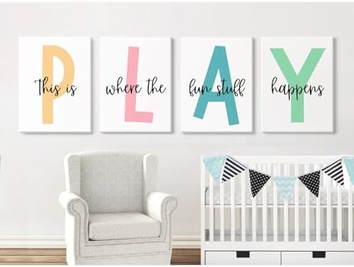 Baccone Kids Playroom Wall Art Playroom Wall Decor Kids Play Canvas Wall Art Play Sign Pictures Toddler Playroom Art Prints Nursery Children Artwork for Room Bedroom Set of 4 8x10 Inch Ready to Hang - Image 4