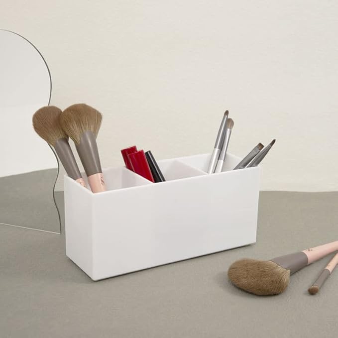 AKOAK 1 Pack Black and White Three Grid desktop Storage Box, Girl Makeup Brush Lipstick Eyebrow Pencil Display Stand, Office Pen Holder, Dressing Table, Bathroom Makeup Tool Storage Box (White)