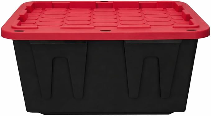 27 Gallon Large Storage Bin with Snap Lid, Heavy Duty Plastic Storage Container, Black and Red, 4 Pack