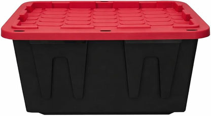 27 Gallon Large Storage Bin with Snap Lid, Heavy Duty Plastic Storage Container, Black and Red, 4 Pack