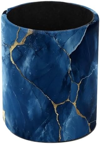 Faux Leather Pen Holder for Desk, Pencil Organizer Blue Gold Marble Texture Pen Cup Desk Decor Makeup Brush Holder Storage for Office Home by DragonBtu