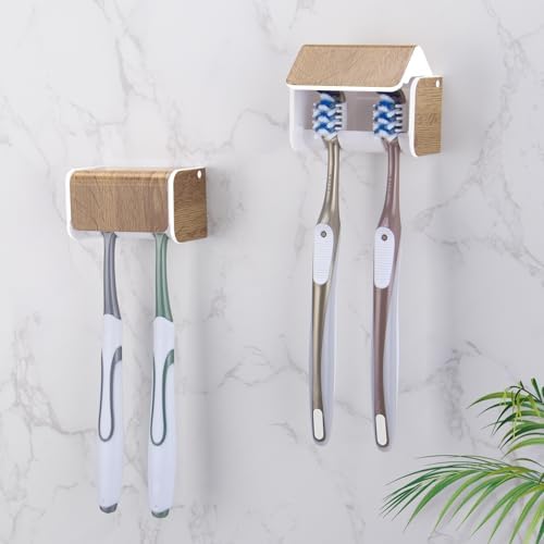 2 PCS Toothbrush Holders Wall Mounted with Cover (2, Wood Grain) by PARKMANI