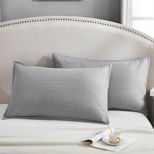 Stripe Quilted Pillowcases Set of 2, King Size Envelope Pillow Covers Soft Breathable Pillow Shams for Bed Couch (Gray, 20"x36") - Image 2
