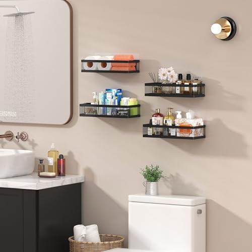 PUSDON Mesh Shower Caddy Wall Mount, Heavy Duty Adhesive Bathroom Shelf Organizer, Rustproof Floating Spice Rack for Kitchen Pantry, Holds 50 LBS, Multi-Purpose Storage Black-2 Packs (Netting)