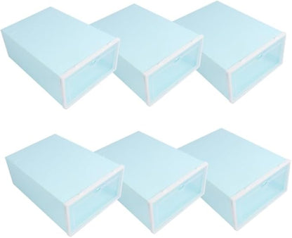 6pcs Thick Stackable Shoes Storage Box Plastic Shoe Container with White Frame Blue for Women Closet Organization