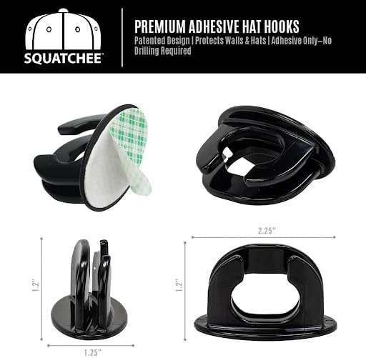 Premium Adhesive Hat Hooks | Made in U.S.A. | Wall Rack for Baseball Caps | Display Holders | Hangers for Closet & Doors | Organization & Storage | Patented Design (Black, 5-Pack)