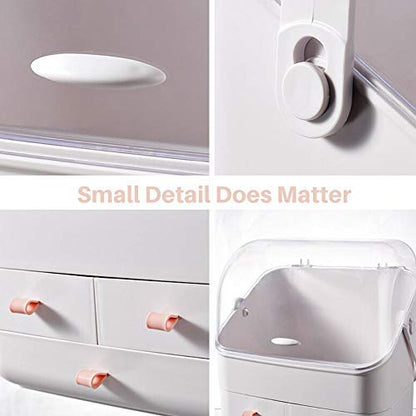 LINFIDITE Cosmetic Storage Box with Lid Makeup Organizer Box with Dust Free Cover Portable Handle,Large Makeup Display Case with Drawers Fully Open Lid,Great for Dresser Bathroom Countertop