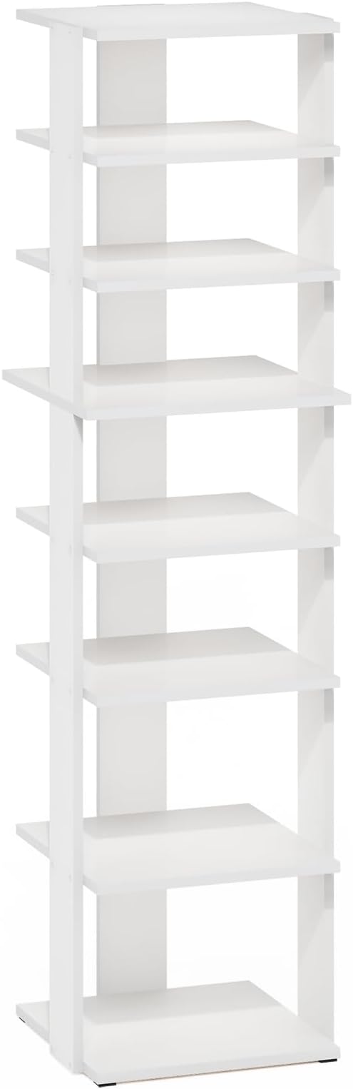 Furinno Compact Vertical Shoe Rack, 8-Tier Narrow Shoe Organizer, Free Standing Shoe Storage, Shoe Shelf for Boots, Sneakers, 12 x 12.6 x 46.7, for Closet, Entryway, Office, Garage, White
