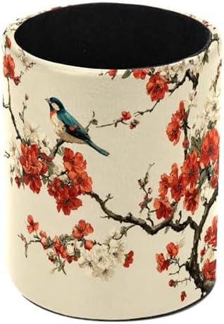 Faux Leather Pen Holder for Desk, Pencil Organizer Flowers and Birds Pen Cup Desk Decor Makeup Brush Holder Storage for Office Home by DragonBtu