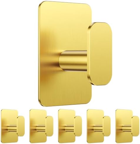 6 Pack Large Heavy Duty Wall Hooks - 26lb Max, Stainless Steel Adhesive Towel Hooks for Hanging Towel, Coat, Robe, Hat, Sticky Towel Holder for Wall Mount in Bathroom, Shower, Kitchen - Gold by Eowihor