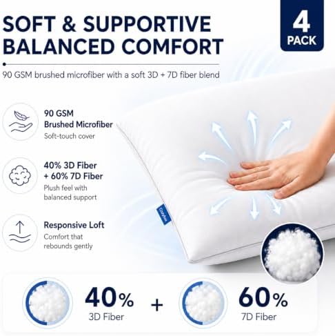 CozyLux Bed Pillows Standard Size Set of 4, 18" x 26", Medium Support - Image 2