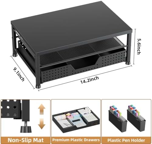 2-Tier Monitor Stand with Drawer, Metal Desk Riser, Black - Image 3