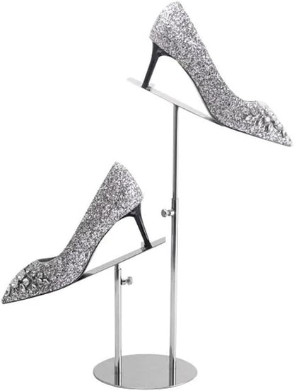 Shoe Display Stand for Retail Store Stainless Steel Height Adjustable Countertop Double-Headed High Heel Shoe Display Risers Stand Rack for Vendors Photos