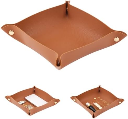 PU Leather Tray for Wallet, Portable Décor Key Tray Holder, Night Stand Storage for Bedroom, Bathroom, Living Room, Entryway, Jewelry Valet Organizer for Women Men (1, Brown, Square) by PENGLONGHOMEDECORATION
