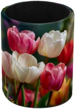 Leather Pen Holder for Desk, Pink White Tulip Pencil Cup Pen Organizer Makeup Brush Holder for Office Home Kids Countertop Desk Accessory Storage by Unknown