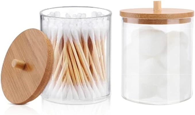 2 Pack Acrylic Qtip Holders, Large Cotton Round Holder with Bamboo Lid Clear Apothecary Jars Bathroom Canister Storage for Q-Tips, Cotton Pads & Swab, Hair Ties, Makeup Brush Organizing