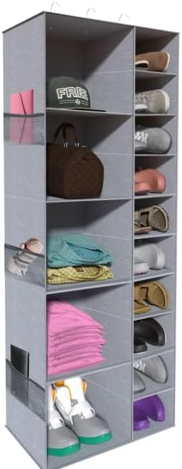 Hanging Shoe Closet Storage Organizer, 10+5 Sections Closet Organizers and Storage Shelves Shoe Rack Holder Hanger, Grey